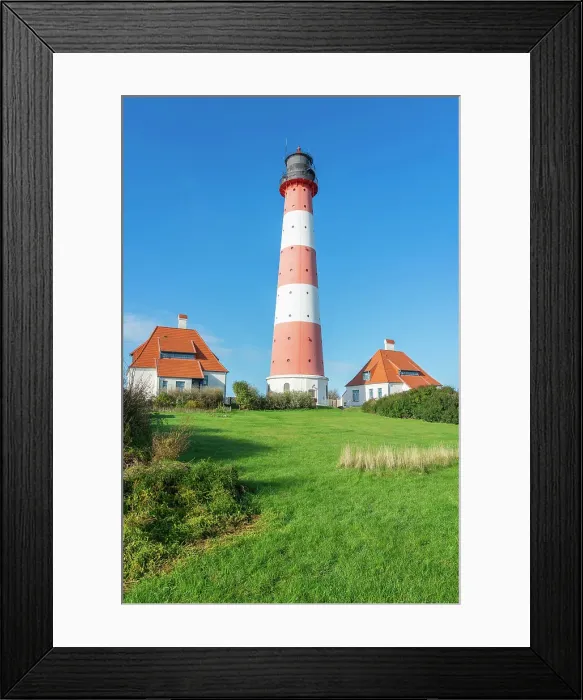 Framed Print : Westerheversand lighthouse against sky, Westerhever, Eiderstedt Peninsula, Nordfriesland, Schleswig-Holstein, Germany