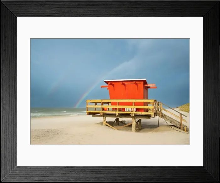 Framed Print : Red lifeguard cabin with rainbow, Wenningstedt beach, Sylt, Nordfriesland, Schleswig-Holstein, Germany Framed Print : Red lifeguard cabin with rainbow, Wenningstedt beach, Sylt, Nordfriesland, Schleswig-Holstein, Germany