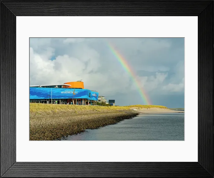 Framed Print : Rainbow over coastline and experience center Naturgewalten Sylt, List, Sylt, Nordfriesland, Schleswig-Holstein, Germany Framed Print : Rainbow over coastline and experience center Naturgewalten Sylt, List, Sylt, Nordfriesland, Schleswig-Holstein, Germany