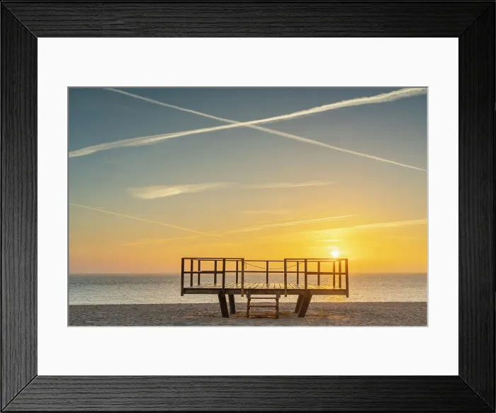 Framed Print : Wooden platform on beach at sunrise, Hornum, Sylt, Nordfriesland, Schleswig-Holstein, Germany