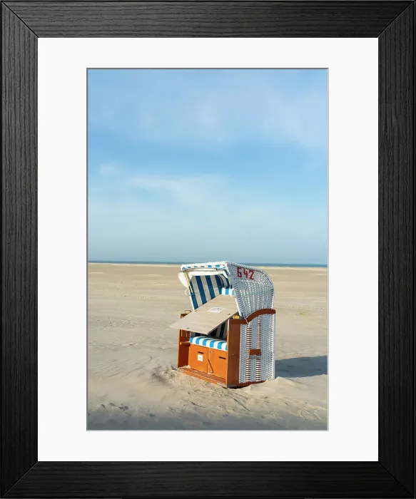 Framed Print : Beach chair on beach against sky, Norddorf, UNESCO, Amrum island, Nordfriesland, Schleswig-Holstein, Germany