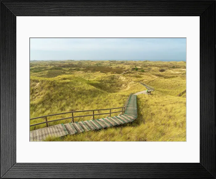Framed Print : Wooden boardwalk among grass covered sand dune landscape near Norddorf, UNESCO, Amrum island, Nordfriesland, Schleswig-Holstein, Germany Framed Print : Wooden boardwalk among grass covered sand dune landscape near Norddorf, UNESCO, Amrum island, Nordfriesland, Schleswig-Holstein, Germany