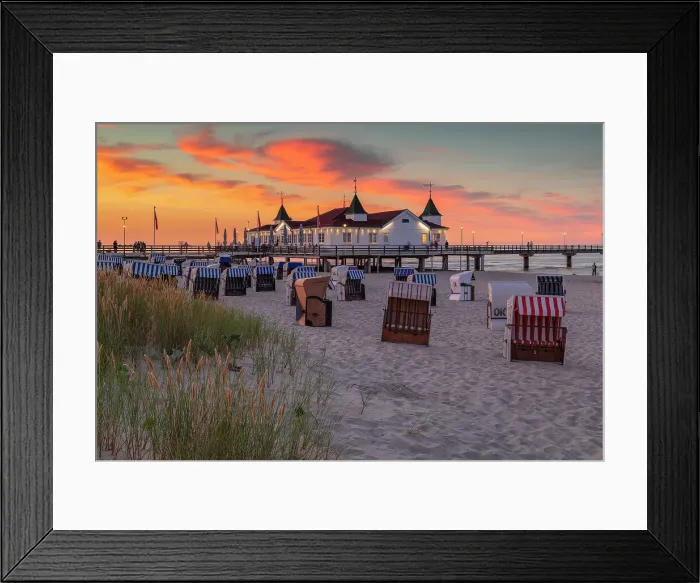 Framed Print : Pier and beach chairs on the beach of Ahlbeck, Usedom Island, Baltic Sea, Mecklenburg-Western Pomerania, Germany Framed Print : Pier and beach chairs on the beach of Ahlbeck, Usedom Island, Baltic Sea, Mecklenburg-Western Pomerania, Germany