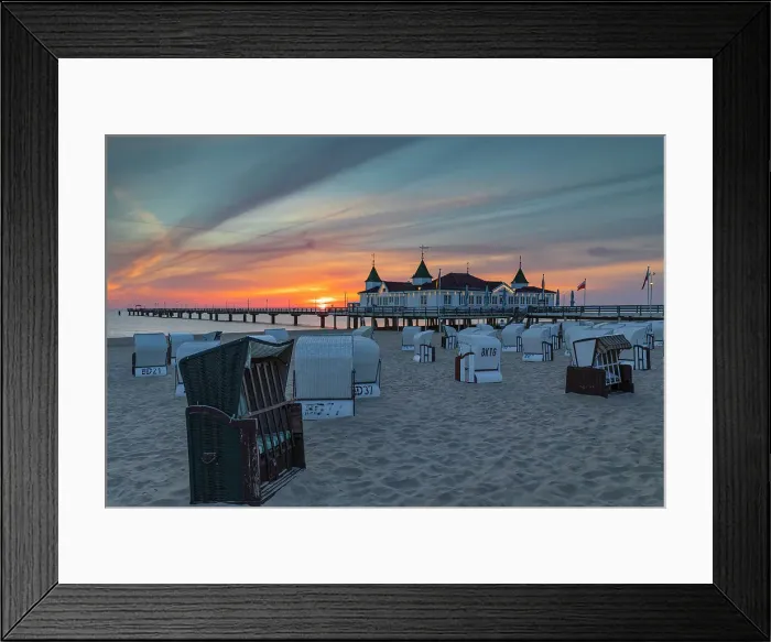 Framed Print : Pier and beach chairs on the beach of Ahlbeck, Usedom Island, Baltic Sea, Mecklenburg-Western Pomerania, Germany Framed Print : Pier and beach chairs on the beach of Ahlbeck, Usedom Island, Baltic Sea, Mecklenburg-Western Pomerania, Germany