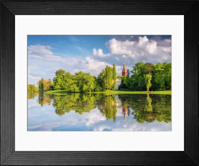 Framed Print : Church, castle and deciduous trees reflected in the lake Worlitz, Dessau-Worlitzer Garden Realm, English style landscape park, Unesco World Heritage site, Dessau-Worlitz, Saxony-Anhalt, Germany Framed Print : Church, castle and deciduous trees reflected in the lake Worlitz, Dessau-Worlitzer Garden Realm, English style landscape park, Unesco World Heritage site, Dessau-Worlitz, Saxony-Anhalt, Germany