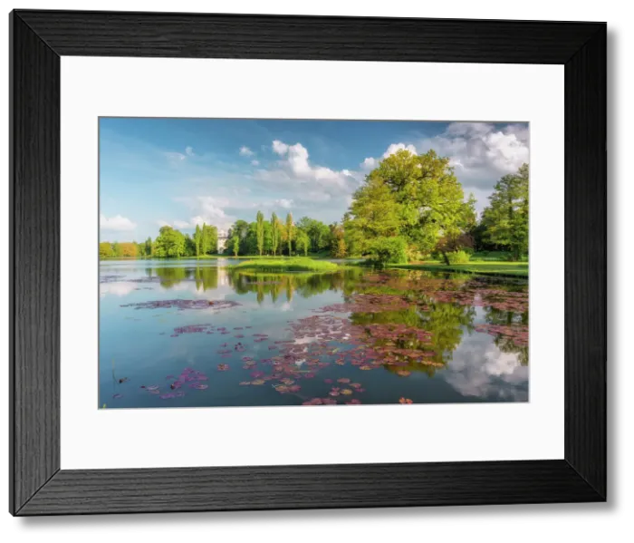 Framed Print : Castle and deciduous trees reflected in the lake Worlitz, Dessau-Worlitzer Garden Realm, English style landscape park, Unesco World Heritage site, Dessau-Worlitz, Saxony-Anhalt, Germany Framed Print : Castle and deciduous trees reflected in the lake Worlitz, Dessau-Worlitzer Garden Realm, English style landscape park, Unesco World Heritage site, Dessau-Worlitz, Saxony-Anhalt, Germany