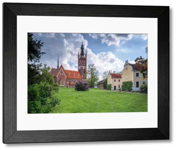 Framed Print : Church in Worlitz, Dessau-Worlitzer Garden Realm, English style landscape park, Unesco World Heritage site, Dessau-Worlitz, Saxony-Anhalt, Germany