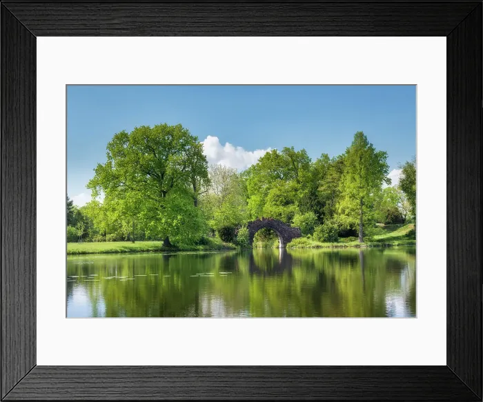 Framed Print : Lake Worlitz with stone bridge, Dessau-Worlitzer Garden Realm, English style landscape park, Unesco World Heritage site, Dessau-Worlitz, Saxony-Anhalt, Germany
