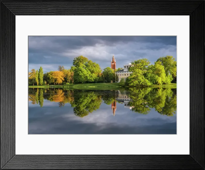 Framed Print : Church, castle and deciduous trees reflected in the lake Worlitz, Dessau-Worlitzer Garden Realm, English style landscape park, Unesco World Heritage site, Dessau-Worlitz, Saxony-Anhalt, Germany