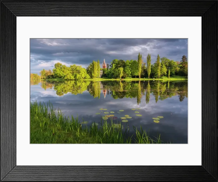 Framed Print : Church and deciduous trees reflected in the lake Worlitz Dessau-Worlitzer Garden Realm, English style landscape park, Unesco World Heritage site, Dessau-Worlitz, Saxony-Anhalt, Germany Framed Print : Church and deciduous trees reflected in the lake Worlitz Dessau-Worlitzer Garden Realm, English style landscape park, Unesco World Heritage site, Dessau-Worlitz, Saxony-Anhalt, Germany