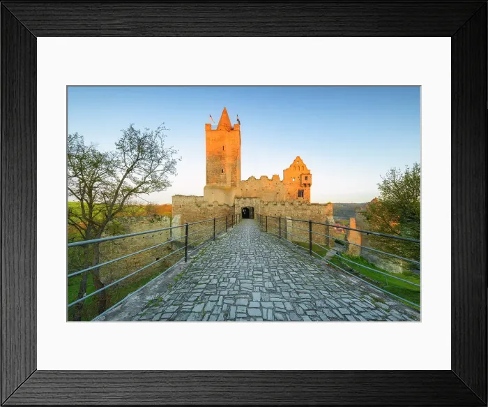Framed Print : Ruins of Rudelsburg castle in the Saale valley in morning light, Bad Kosen, Burgenland district, Saxony-Anhalt, Germany, Europe