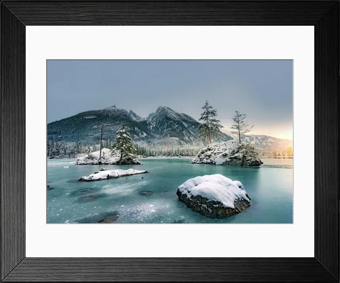 Framed Print : Germany, Bavaria, Lake Hintersee frozen in winter against Hochkalter, Berchtesgaden Alps