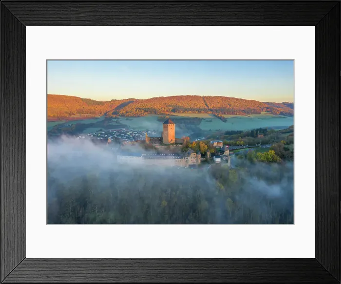 Framed Print : Aerail view at Lichtenberg castle in morning fog, Thallichtenberg, Rhineland-Palatinate, Germany Framed Print : Aerail view at Lichtenberg castle in morning fog, Thallichtenberg, Rhineland-Palatinate, Germany