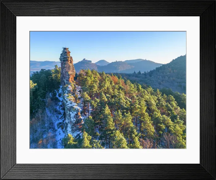 Framed Print : Aerial view at the Asselstein rock with Trifels castle, Annweiler, Palatinate forest, Rhineland-Palatinate, Germany Framed Print : Aerial view at the Asselstein rock with Trifels castle, Annweiler, Palatinate forest, Rhineland-Palatinate, Germany