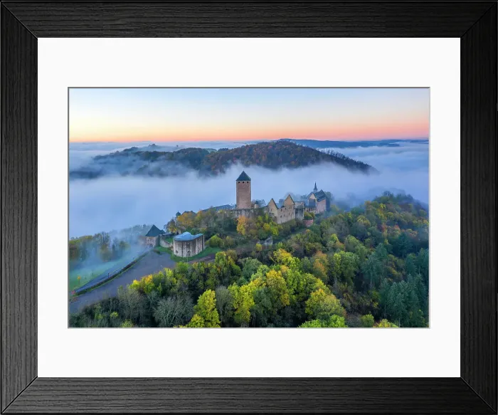 Framed Print : Aerail view at Lichtenberg castle in morning fog, Thallichtenberg, Rhineland-Palatinate, Germany