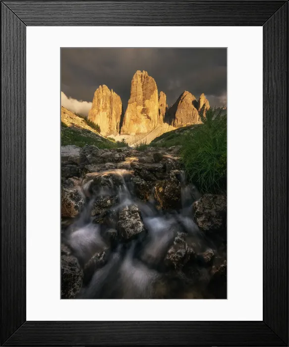 Framed Print : A small stream comes down from the Tre Cime di Lavaredo during a summer sunset. Dolomites, Italy Framed Print : A small stream comes down from the Tre Cime di Lavaredo during a summer sunset. Dolomites, Italy