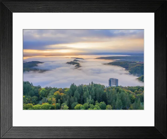 Framed Print : Aerial view on the sunrise above the Baumwipfelpfad, treetop walk at the Grand Saar horseshoe bend, Orscholz, Saarland, Germany Framed Print : Aerial view on the sunrise above the Baumwipfelpfad, treetop walk at the Grand Saar horseshoe bend, Orscholz, Saarland, Germany