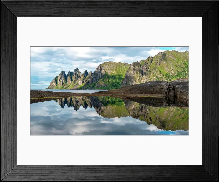 Framed Print : Devil's teeth Mountain mirrored, Ersfjorden, Senja, Northern Norway Framed Print : Devil's teeth Mountain mirrored, Ersfjorden, Senja, Northern Norway