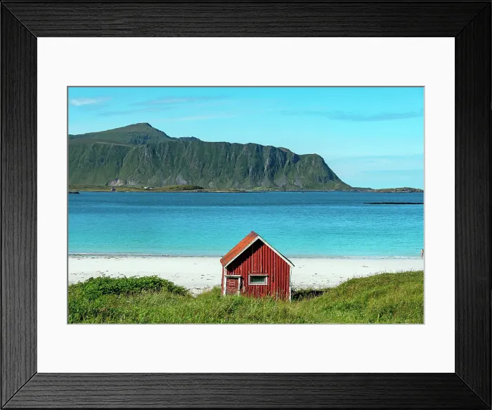 Framed Print : Typical red rorbu on Ramberg beach, Lofoten Islands Norway Europe Framed Print : Typical red rorbu on Ramberg beach, Lofoten Islands Norway Europe