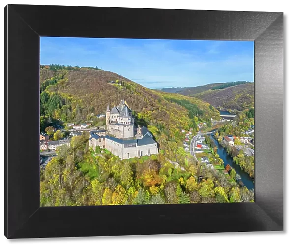 Aerial view at Vianden castle, Vianden, canton Vianden, Our valley, Luxembourg