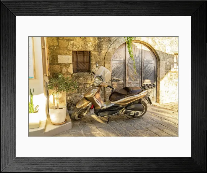Framed Print : Scooter, Lindos, Rhodes, Dodecanese Islands, Greece Framed Print : Scooter, Lindos, Rhodes, Dodecanese Islands, Greece