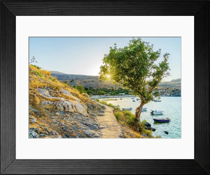 Framed Print : Lindos beach at sunset, Lindos, Rhodes, Dodecanese Islands, Greece Framed Print : Lindos beach at sunset, Lindos, Rhodes, Dodecanese Islands, Greece