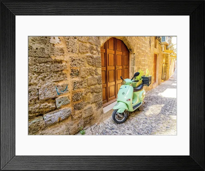 Framed Print : A vespa in the medieval city of Rhodes, UNESCO, Rhodes, Dodecanese Islands, Greece Framed Print : A vespa in the medieval city of Rhodes, UNESCO, Rhodes, Dodecanese Islands, Greece
