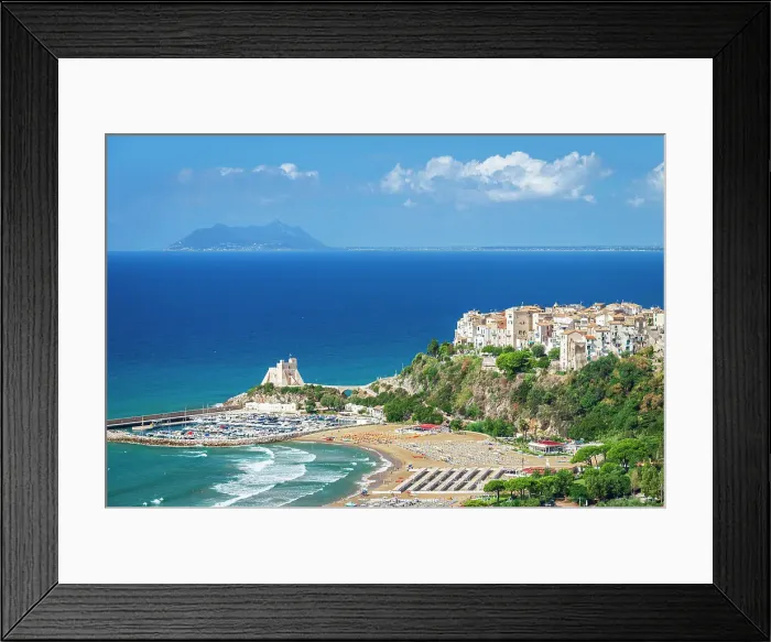 Framed Print : Sperlonga with the beach, the tower and the marina and the peak of Circeo mountain in the background, Sperlonga, Latium, Italy Framed Print : Sperlonga with the beach, the tower and the marina and the peak of Circeo mountain in the background, Sperlonga, Latium, Italy