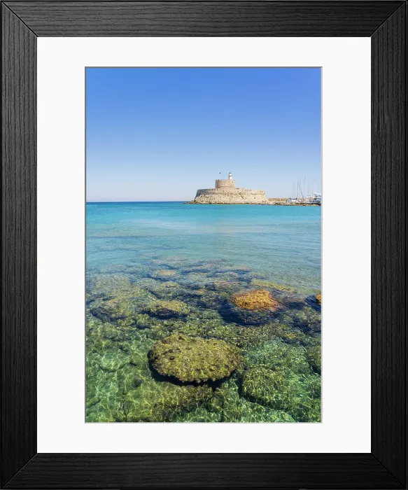 Framed Print : Mandraki Marina and Port looking towards Saint Nicholas Fortress, Rhodes Town, Rhodes, Dodecanese Islands, Greece Framed Print : Mandraki Marina and Port looking towards Saint Nicholas Fortress, Rhodes Town, Rhodes, Dodecanese Islands, Greece