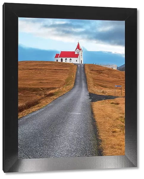 Ingjaldsholl church and the road in the front, Snaefellsnes Peninsula, Vesturland, West Iceland, Iceland