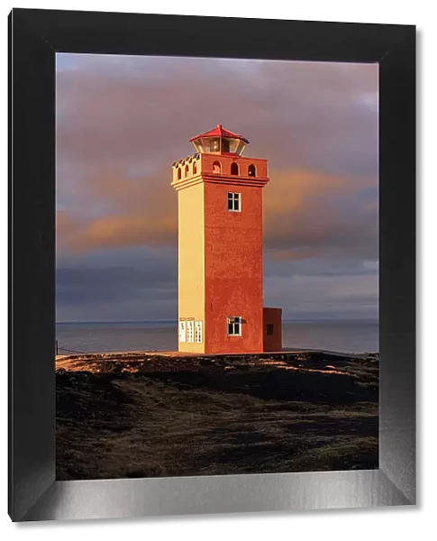 Svortuloft lighthouse at sunset, Hellisandur, Sn√¶fellsnes peninsula, Vesturland, West Iceland, Iceland