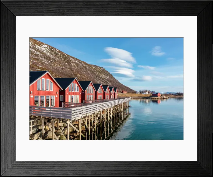 Framed Print : Wood red cabins overlooking the cold sea, Skreda, Leknes, Nordland county, Lofoten Islands, Norway Framed Print : Wood red cabins overlooking the cold sea, Skreda, Leknes, Nordland county, Lofoten Islands, Norway