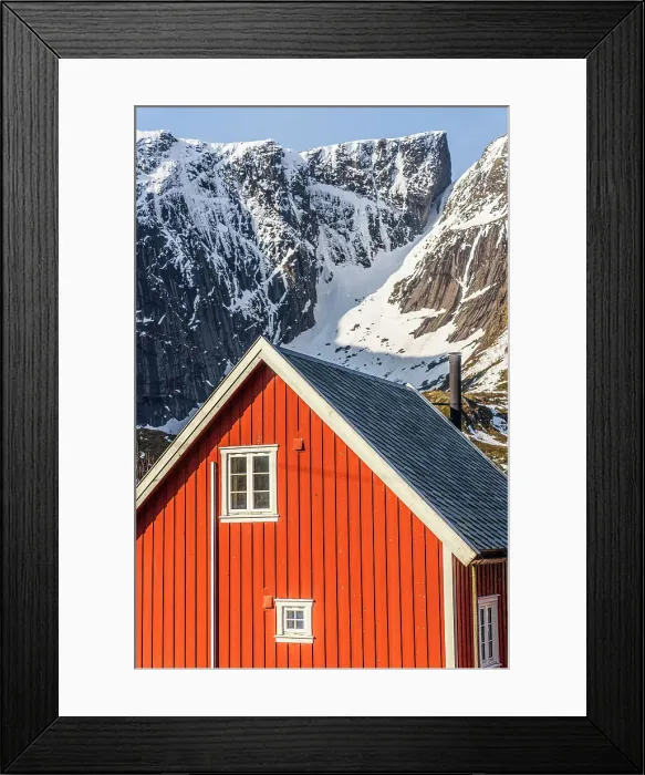 Framed Print : Red wood facade of traditional Rorbu house in the snow, Reine, Nordland county, Lofoten Islands, Norway Framed Print : Red wood facade of traditional Rorbu house in the snow, Reine, Nordland county, Lofoten Islands, Norway