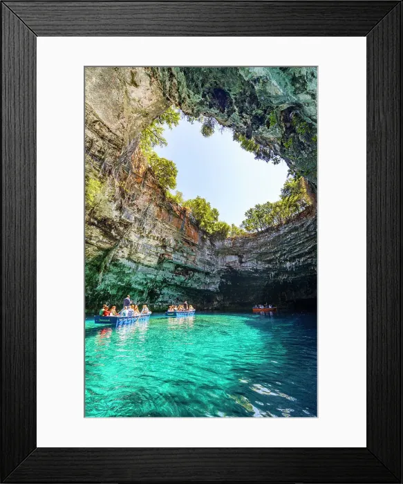 Framed Print : Tourists admiring the cave during a boat trip on the crystal waters of Melissani Lake, Kefalonia, Ionian Islands, Greece
