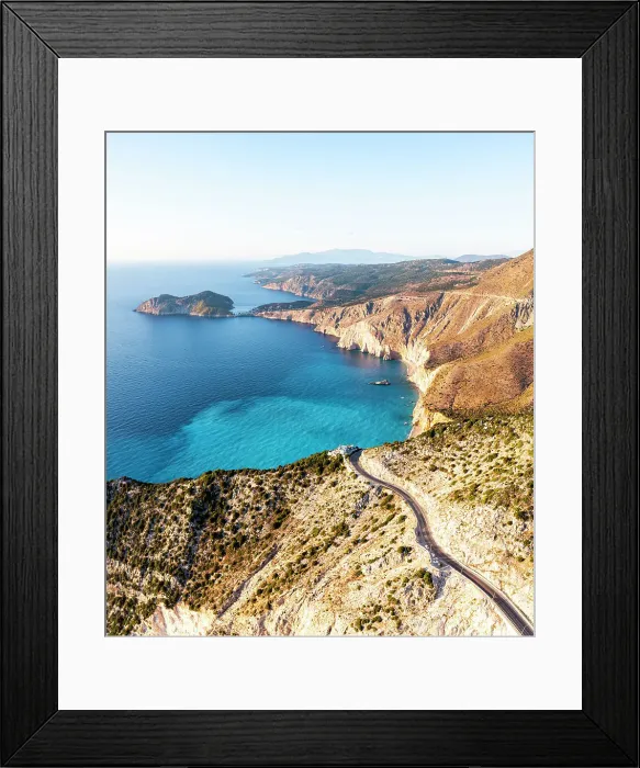 Framed Print : Winding coastal road overhanging the blue sea, Assos, Kefalonia, Ionian Islands, Greece Framed Print : Winding coastal road overhanging the blue sea, Assos, Kefalonia, Ionian Islands, Greece