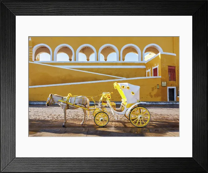 Framed Print : Horse and cart in front of Convent San Antonio de Padua, Izamal, Yucatan, Mexico