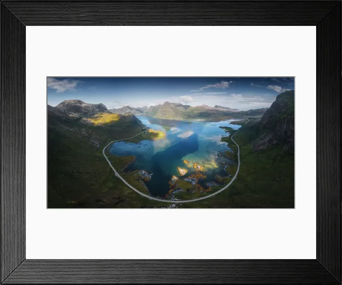 Framed Print : Flakstad fjord on a sunny summer afternoon, showing the beautiful color of the sea. Lofoten Islands, Norway