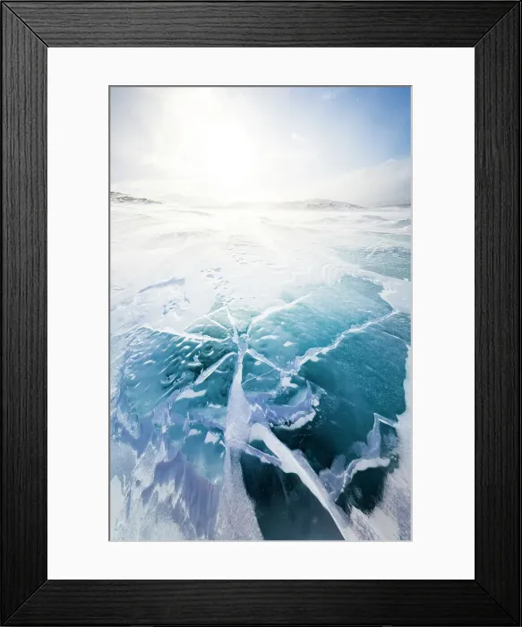 Framed Print : Cold arctic sunrise over the turquoise colored ice covering a lake, Stora Sjofallet, Norrbotten County, Lapland, Sweden