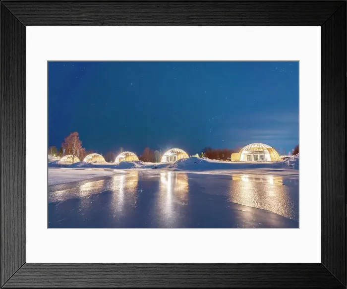 Framed Print : Glass igloo on the snowy shores of the frozen river Kalix, Ice and Light village, Kalix, Norrbotten county, Lapland, Sweden