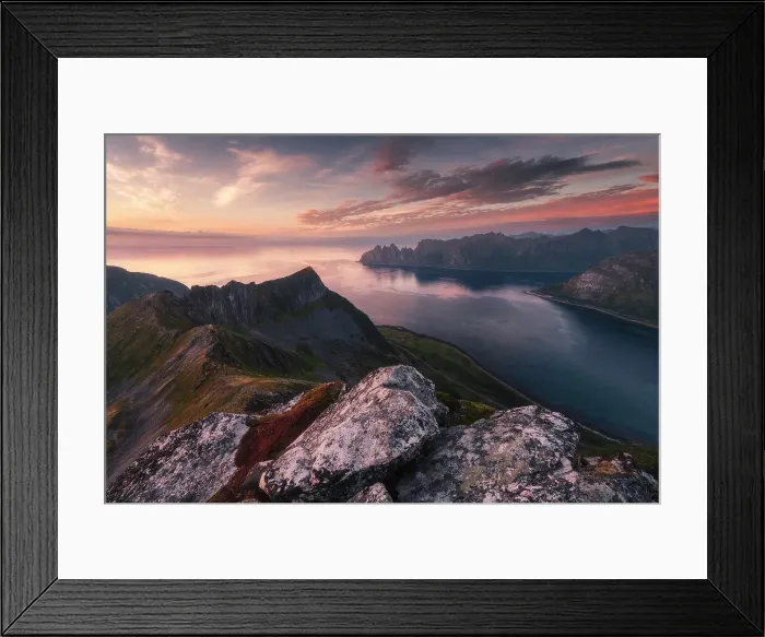 Framed Print : The Okshornan peaks seen from the top of Husfjellet on a late evening summer sunset. Senja Island, Norway Framed Print : The Okshornan peaks seen from the top of Husfjellet on a late evening summer sunset. Senja Island, Norway