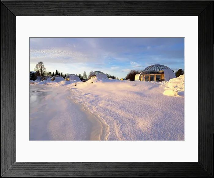 Framed Print : Glass igloo of a luxury tourist resort covered with snow on the banks of a frozen river, Ice and Light village, Kalix, Norrbotten county, Lapland, Sweden Framed Print : Glass igloo of a luxury tourist resort covered with snow on the banks of a frozen river, Ice and Light village, Kalix, Norrbotten county, Lapland, Sweden