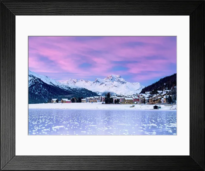 Framed Print : Snowy village of Silvaplana and frozen lake Champfer under the colorful sky at dawn, Graubunden canton, Engadin, Switzerland Framed Print : Snowy village of Silvaplana and frozen lake Champfer under the colorful sky at dawn, Graubunden canton, Engadin, Switzerland