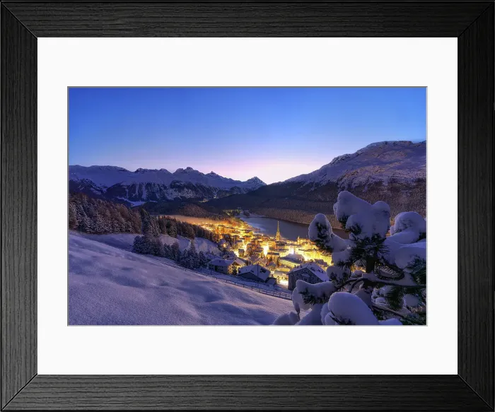 Framed Print : Illuminated village of Saint Moritz covered with snow at dusk, Graubunden canton, Engadin, Switzerland Framed Print : Illuminated village of Saint Moritz covered with snow at dusk, Graubunden canton, Engadin, Switzerland