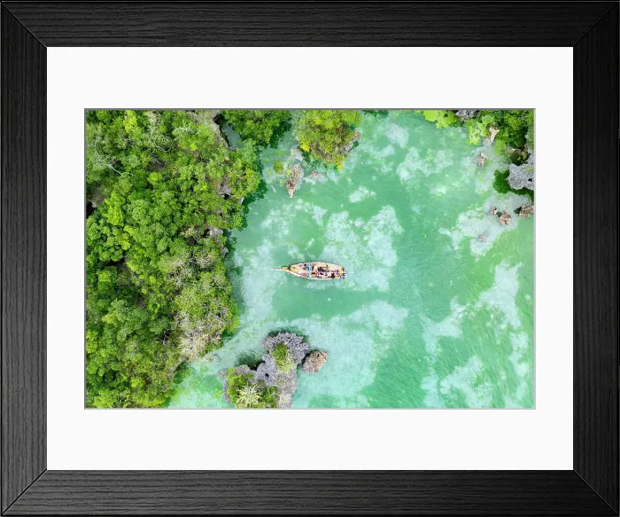 Framed Print : Boat sailing in the emerald green water of lagoon surrounded by mangrove forest, Kwale Island, Zanzibar, Tanzania Framed Print : Boat sailing in the emerald green water of lagoon surrounded by mangrove forest, Kwale Island, Zanzibar, Tanzania