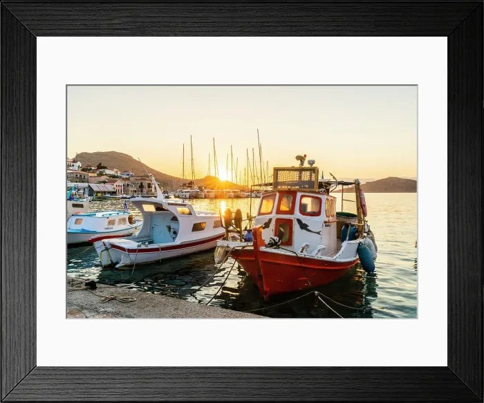 Framed Print : The colourful harbourat sunrise, in Halki, Chalki, Dodecanese Islands, Greece Framed Print : The colourful harbourat sunrise, in Halki, Chalki, Dodecanese Islands, Greece