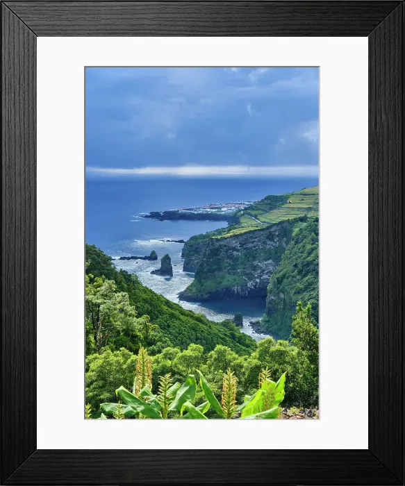 Framed Print : The village of Santa Cruz and the coastline. Flores island, Azores archipelago. Portugal