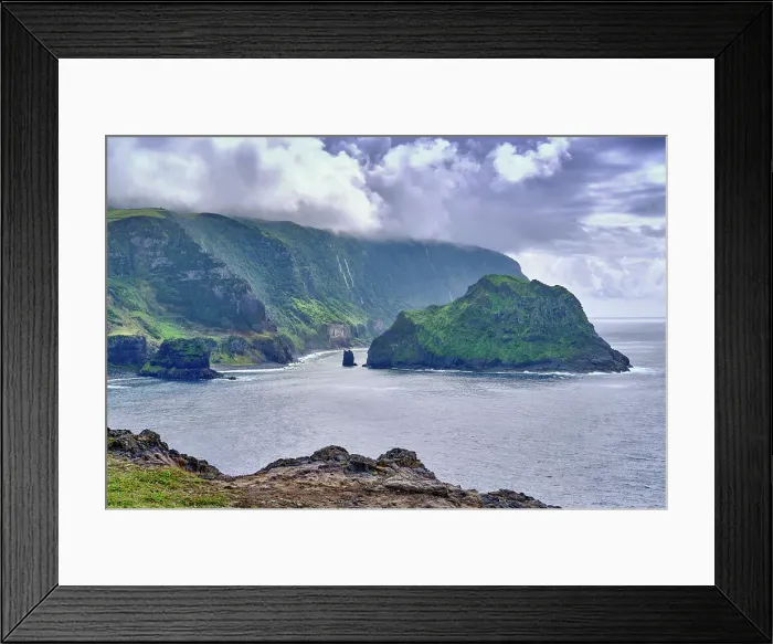 Framed Print : Ponta de Albarnaz and Ilheu (islet) de Maria Vaz, on the north coast of Flores island. Azores islands, Portugal Framed Print : Ponta de Albarnaz and Ilheu (islet) de Maria Vaz, on the north coast of Flores island. Azores islands, Portugal