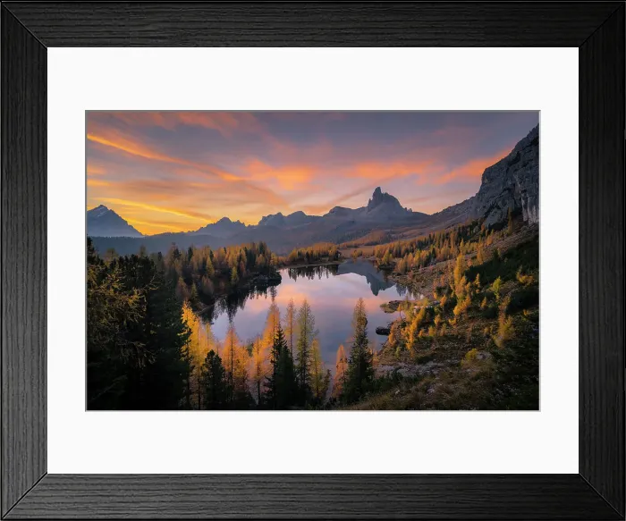 Framed Print : Sunrise at Federa Lake with autumnal colors; Cortina d'Ampezzo, Dolomites, Belluno province, Veneto, Italy Framed Print : Sunrise at Federa Lake with autumnal colors; Cortina d'Ampezzo, Dolomites, Belluno province, Veneto, Italy