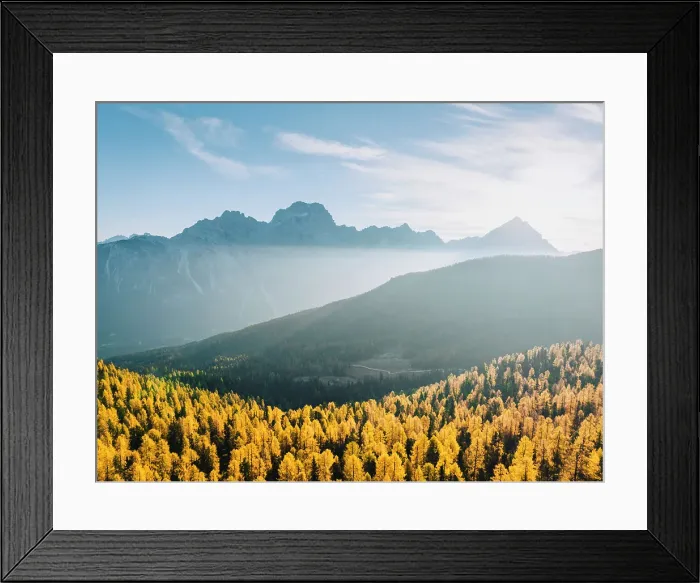 Framed Print : Antelao mountains with yellow larches on the foreground. Dolomites, Veneto, Italy Framed Print : Antelao mountains with yellow larches on the foreground. Dolomites, Veneto, Italy