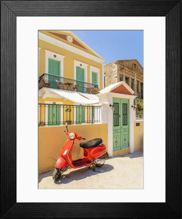 Framed Print : A red Vespa scooter in Symi, Dodecanese Islands, Greece Framed Print : A red Vespa scooter in Symi, Dodecanese Islands, Greece